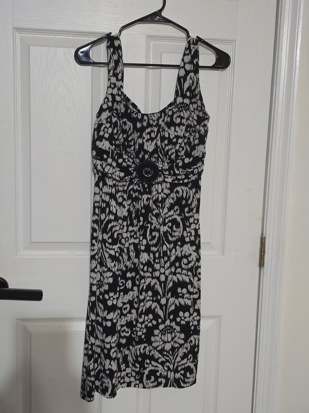Enfocus Studio Black and White Printed Midi Dress with Decorative Waist Buckle